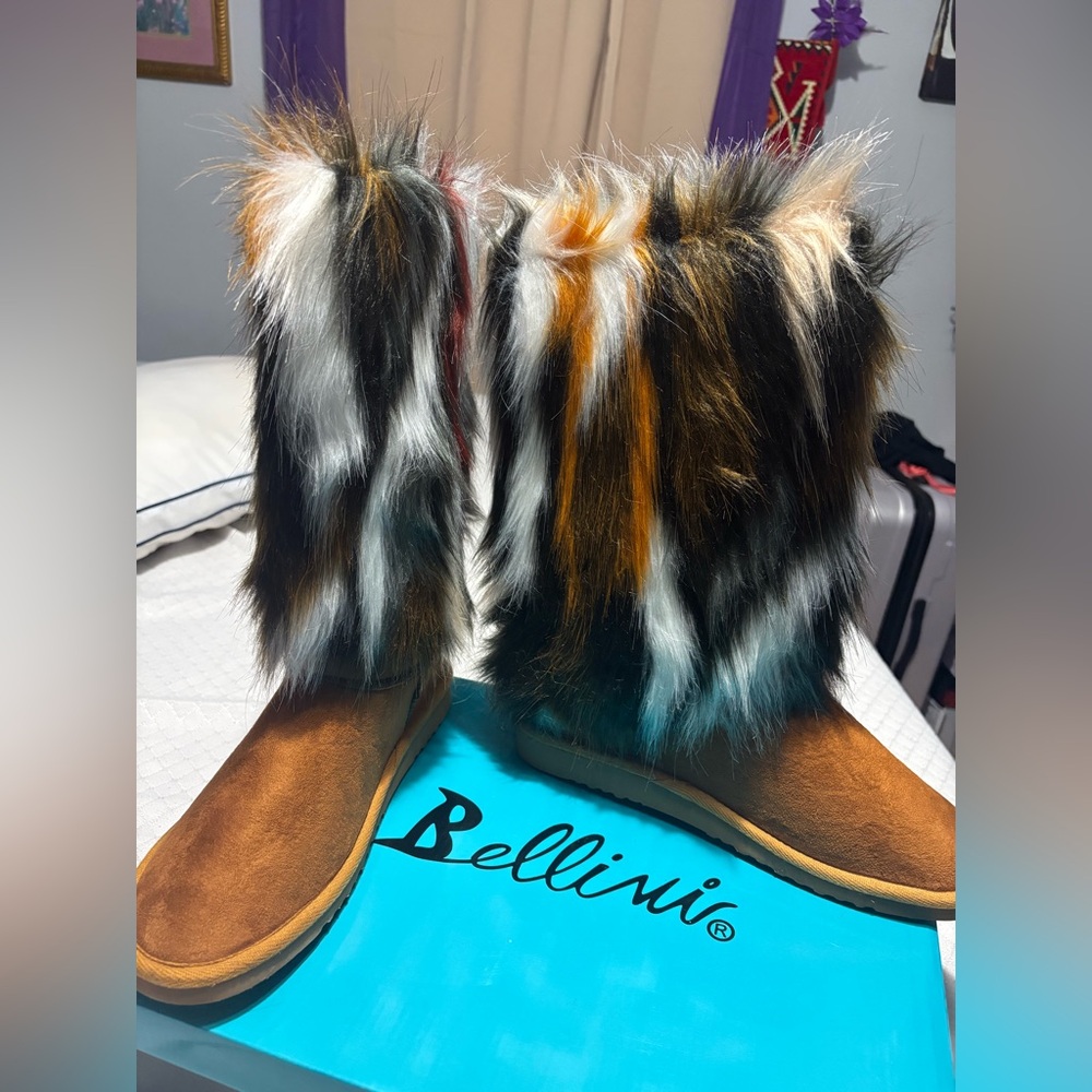 Bellini Chestnut Suede Boots with Multi-Color Fur Trim